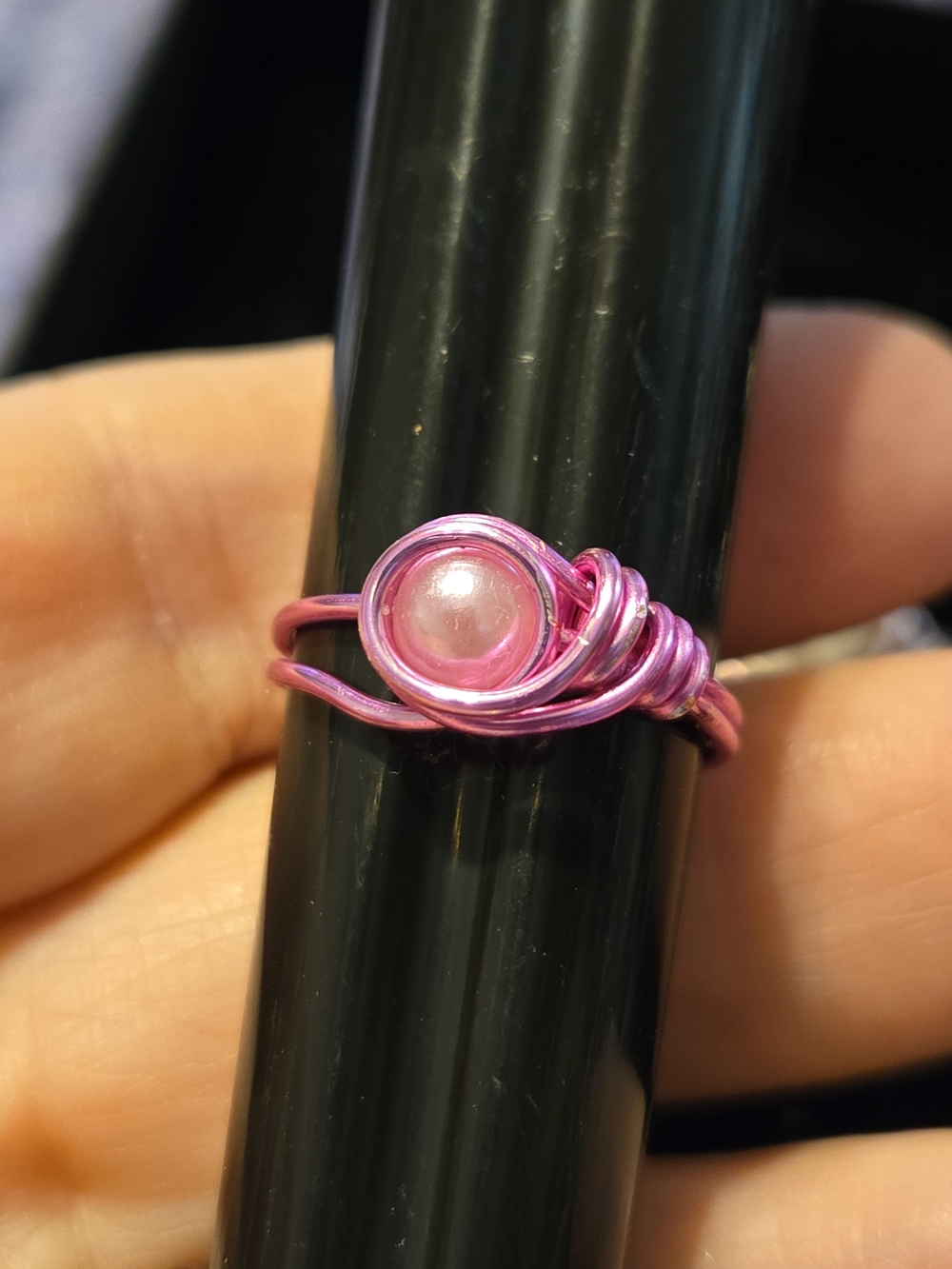 Handcrafted Pink Wire Wrapped Faux Pearl Ring - Size 7.5